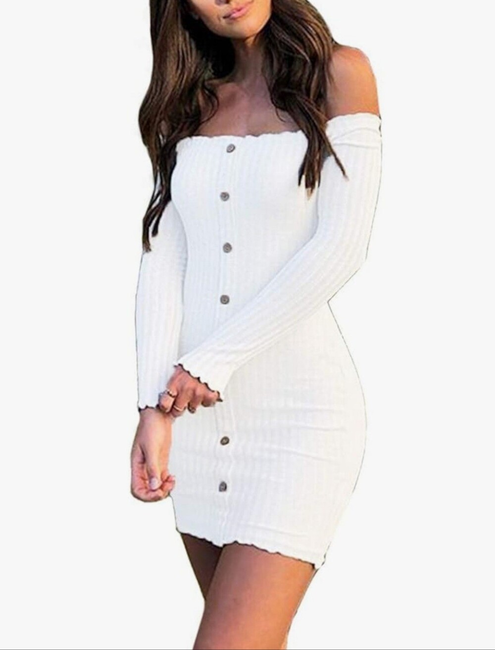 White Ribbed Off-The-Shoulder Bodycon Dress